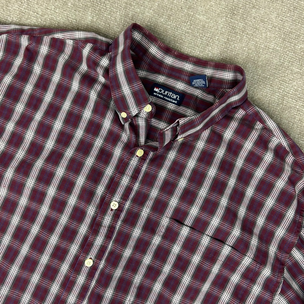 Puritan Shirt Mens 2XL Maroon White Plaid Cotton Wrinkle Resistant Button Down